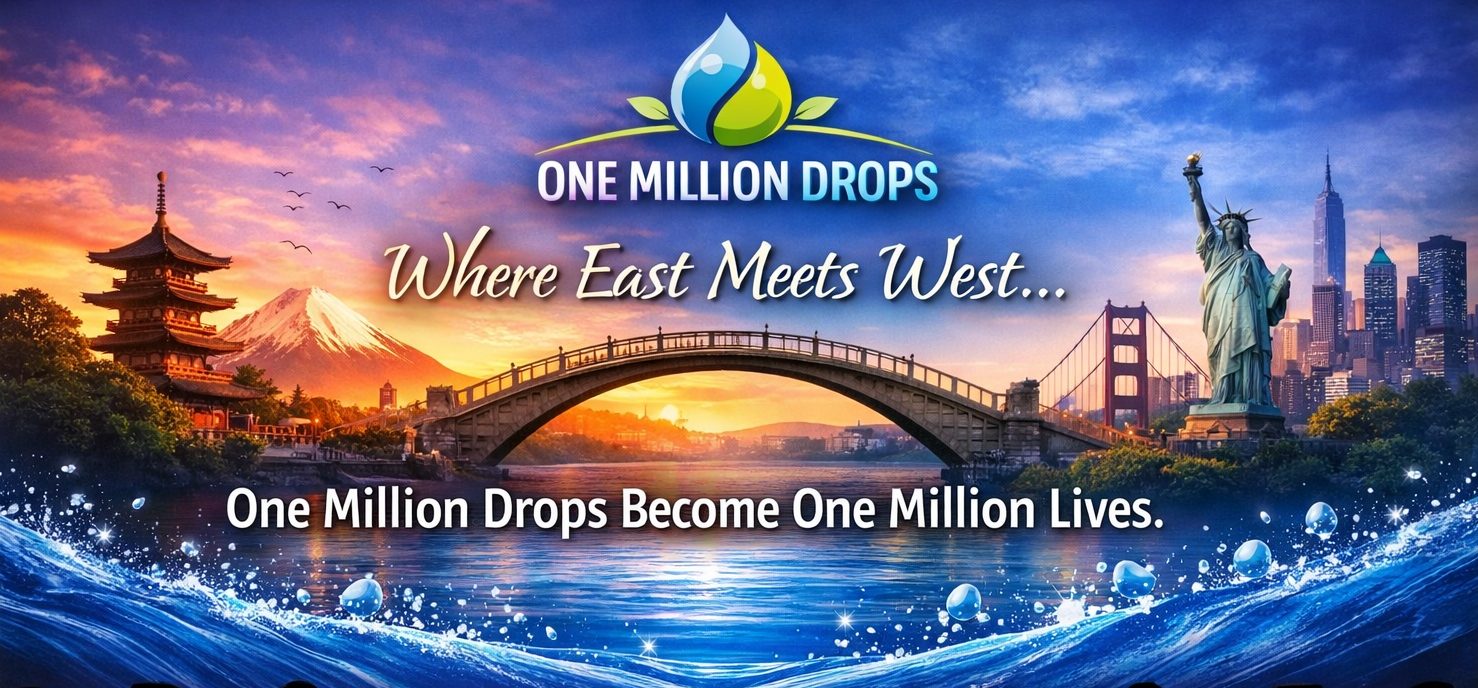 One Million Drops flyer: Where East Meets West. A pagoda and Mount Fuji on the left, the Golden Gate Bridge and the Statue of Liberty on the right, joined by a stone bridge over the water. One Million Drops Become One Million Lives.